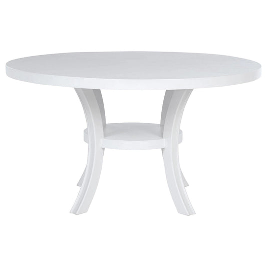 Judy Round Dining Table with Shelf and Flared Legs, White Wood 54 Inch