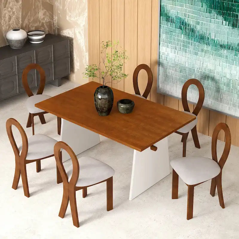 7 Piece Dining Table Set for 6, Versatile Kitchen Dining Table Set with Trestle Dining Table and 6 Upholstered Chairs