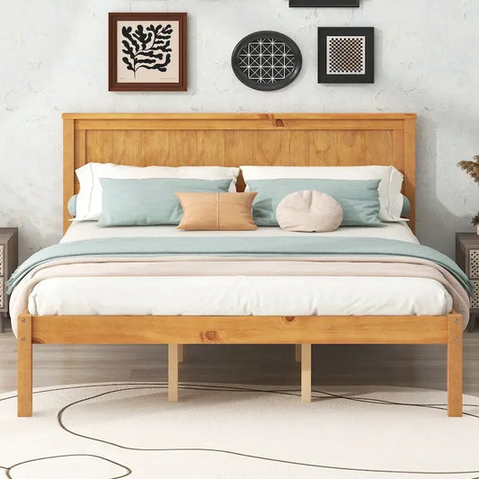 Pine Wooden Platform Bed with Slat Support and Headboard
