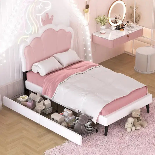 Upholstered Princess Bed with Crown Headboard & Drawers