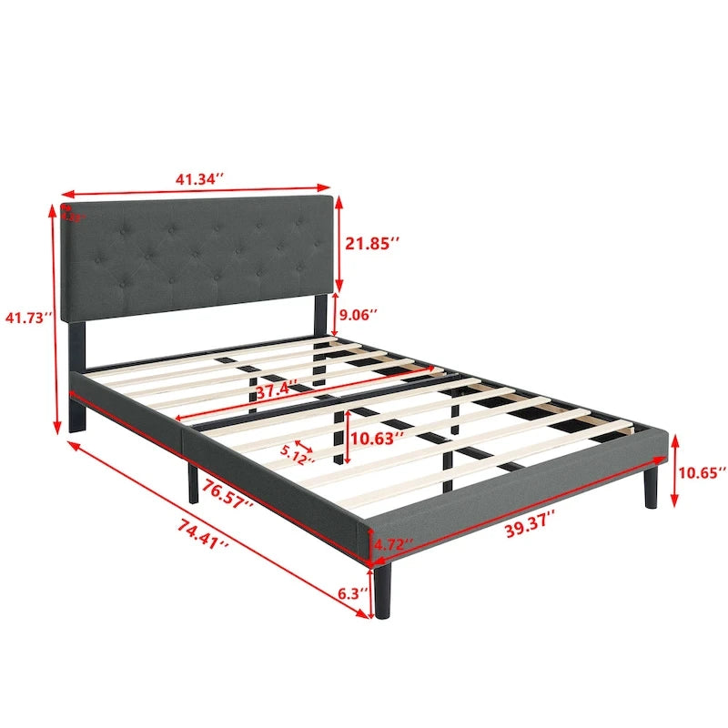 Dark Gray Twin Size Upholstered Bed Frame with Button Tufted Linen Headboard