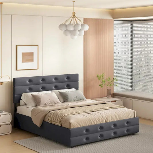 Queen Size Linen Button Tufted Platform Bed Frame with 2 Storage Drawers & Trundle
