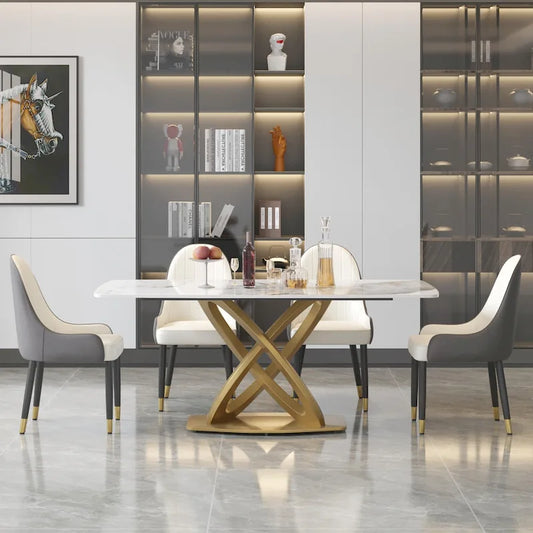 71 Modern Dining Table with Rectangular Sintered Stone Tabletop and Gold Base