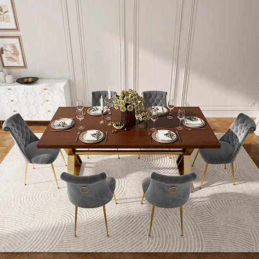 7-Piece Clihome Walut Wood Dining Table with Velvet Chair Dining Chair