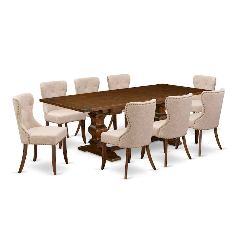 East West Furniture Dining Table Set- a Rectangle Dinner Table and Light Tan Linen Fabric Chairs, (Pieces Option)