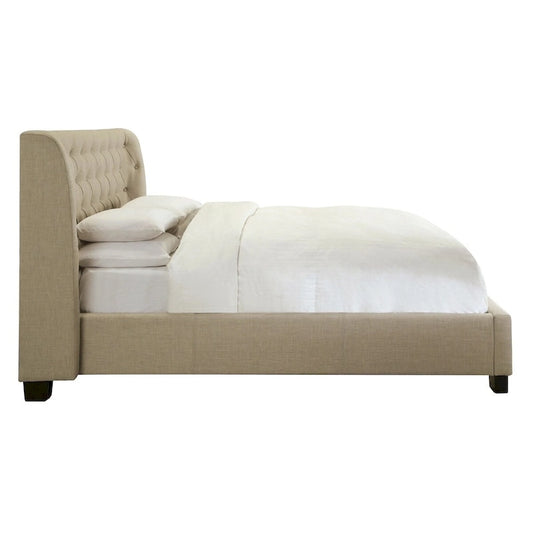 Pax Queen Bed, Storage Footboard, Button Tufted Upholstery, Beige Linen