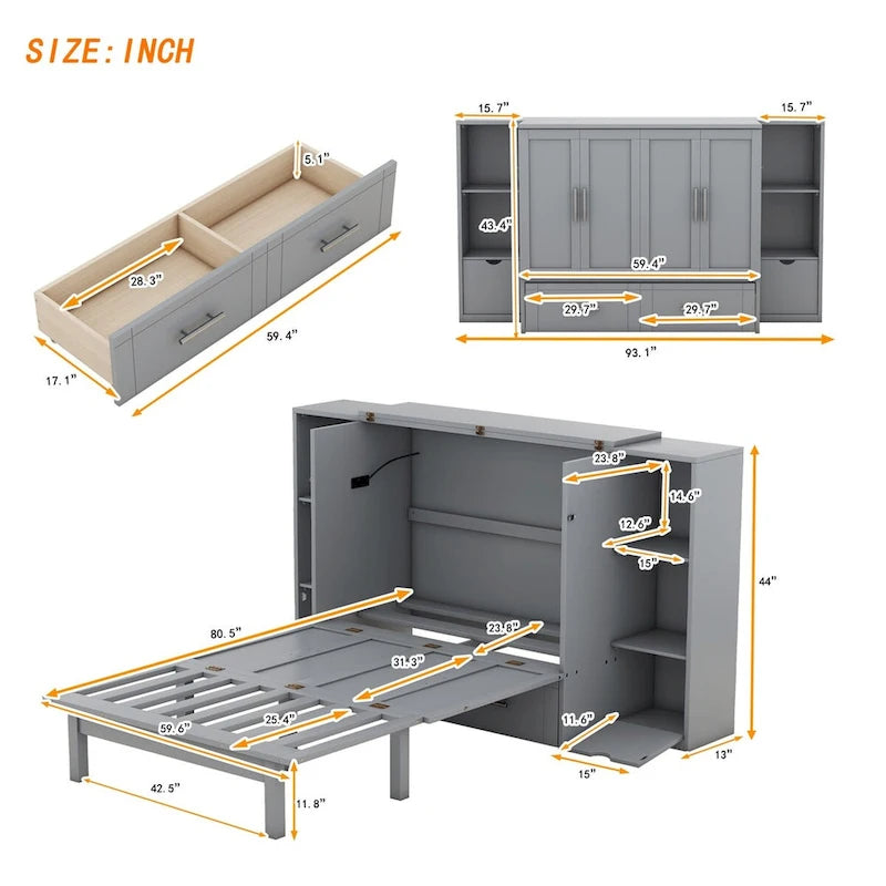 Merax Queen Size Murphy Bed with Shelves, Drawers and USB Ports