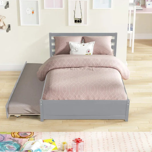 Nestfair Full Size Wood Platform Bed Frame with Headboard and Twin Trundle For Grey Color