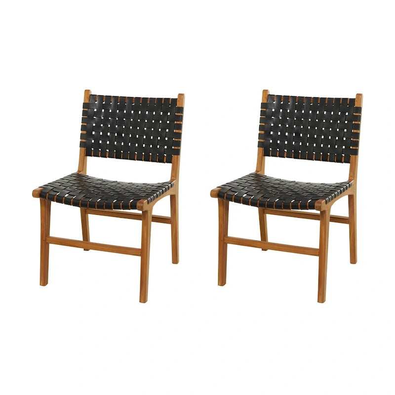 Leather Handmade Woven Dining Chair with Teak Wood Frame - Set of 2 Brown, White or Black- Roche River Decor