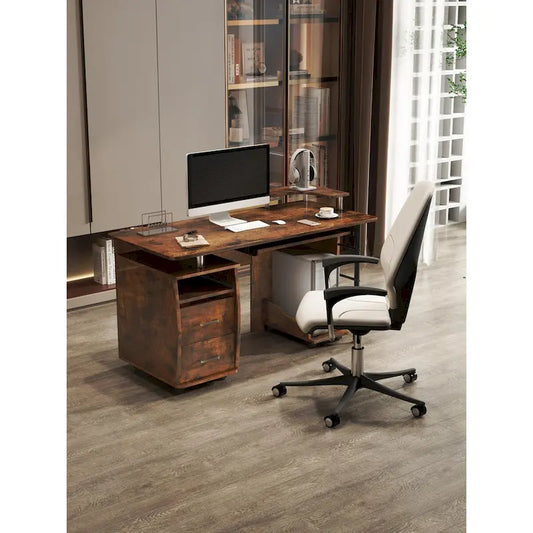 solid wood computer Desk,office table with PC droller,storage shelves and file cabinet,two drawers,CPU tray,a shelf