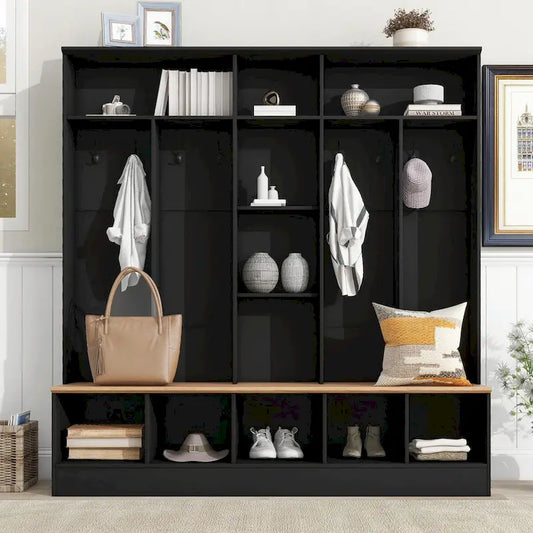 Wide Hall Tree with Storage Bench - Minimalist Shoe Cabinet, Cube Storage, 8 Hooks