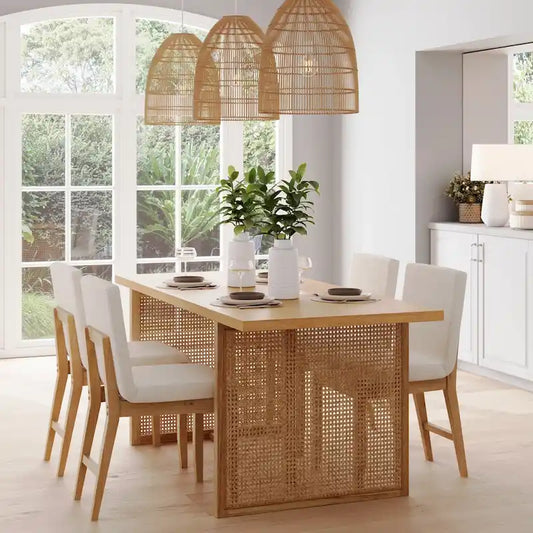 Willow Boho Dining Table for 6 with Solid Wood Legs, Dining Table with Bohemian Rattan Accent