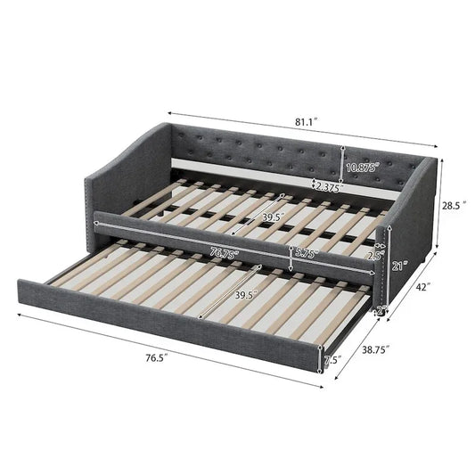 Twin Size Upholstered Tufted Daybed with Trundle and Copper Nail