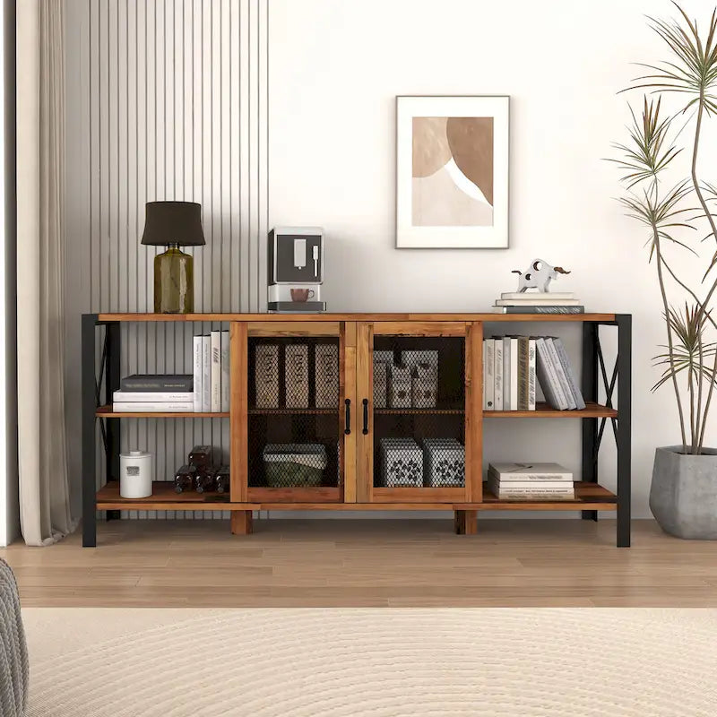 Farmhouse TV Stand 80 Inch Television Stand , Modern Horizontal Wood and Metal Open Bookshelf
