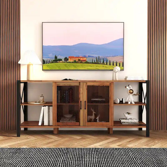 Farmhouse TV Stand 80 Inch Television Stand , Modern Horizontal Wood and Metal Open Bookshelf