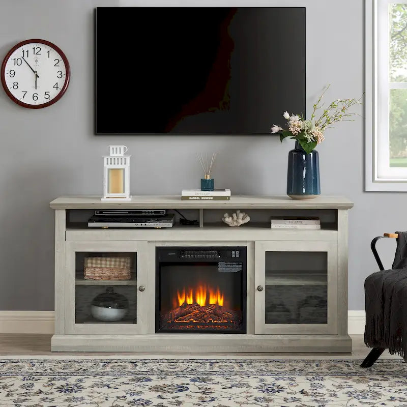 60 Fireplace TV Stand with Glass Doors and Open/Closed Storage for TVs Up to 65