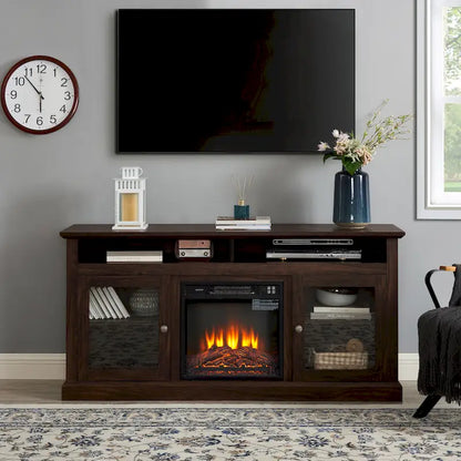 60 Fireplace TV Stand with Glass Doors and Open/Closed Storage for TVs Up to 65