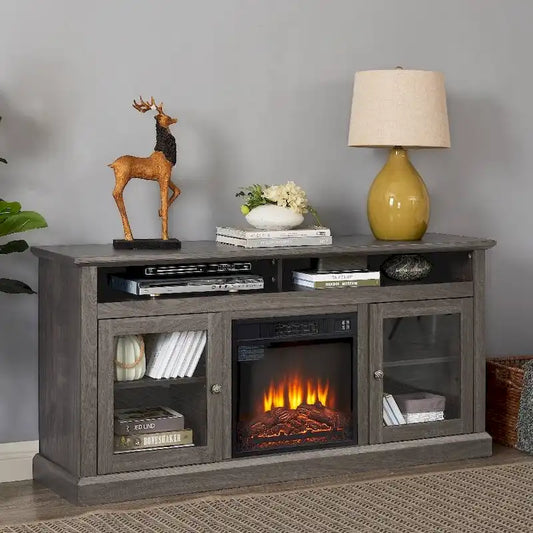 60 Fireplace TV Stand with Glass Doors and Open/Closed Storage for TVs Up to 65