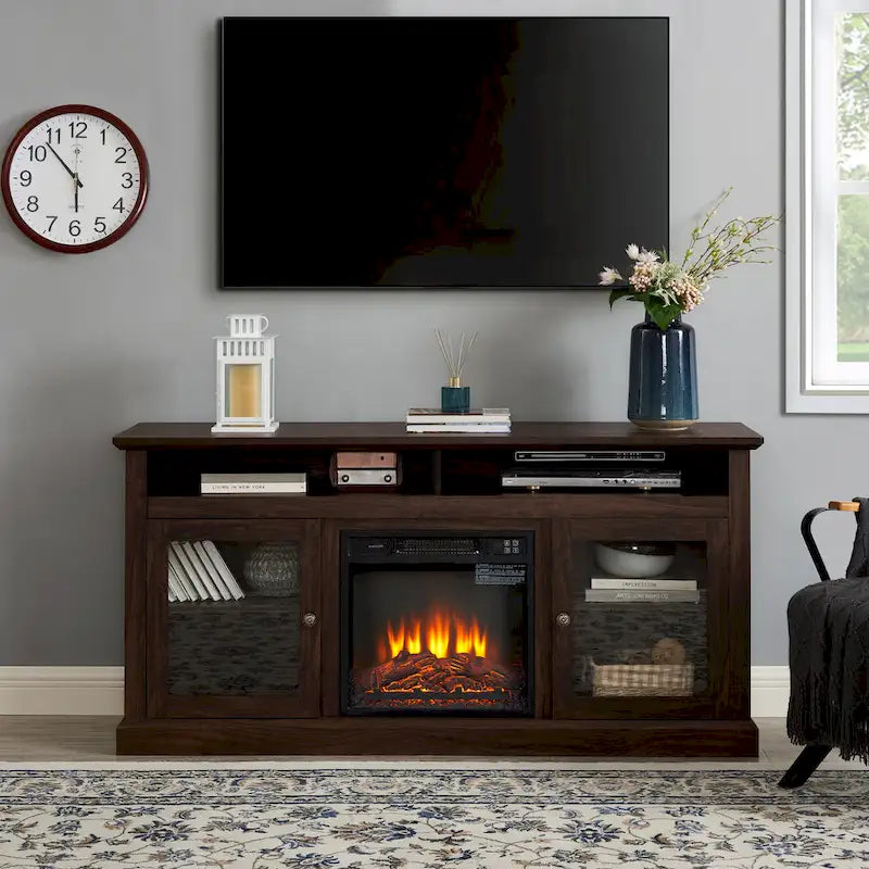 60 Fireplace TV Stand with Glass Doors and Open/Closed Storage for TVs Up to 65