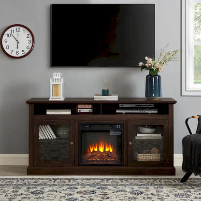 60 Fireplace TV Stand with Glass Doors and Open/Closed Storage for TVs Up to 65