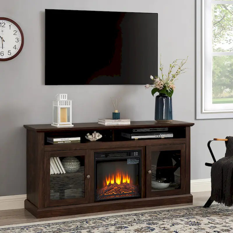 60 Fireplace TV Stand with Glass Doors and Open/Closed Storage for TVs Up to 65