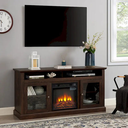 60 Fireplace TV Stand with Glass Doors and Open/Closed Storage for TVs Up to 65