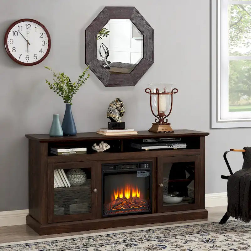 60 Fireplace TV Stand with Glass Doors and Open/Closed Storage for TVs Up to 65