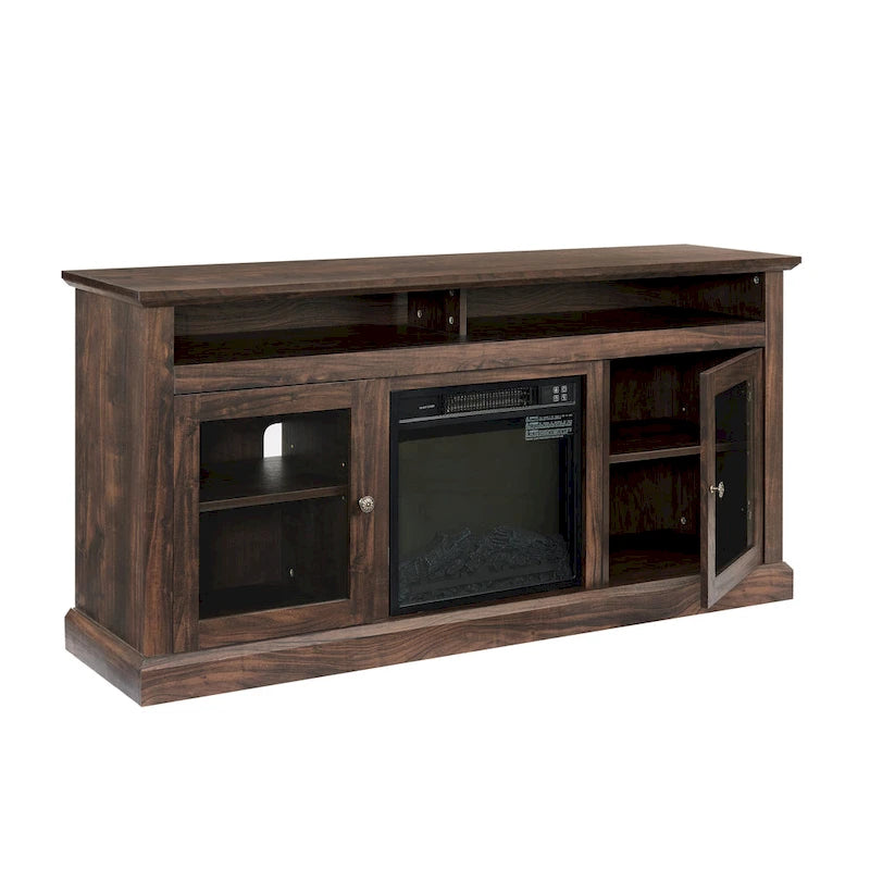 60 Fireplace TV Stand with Glass Doors and Open/Closed Storage for TVs Up to 65