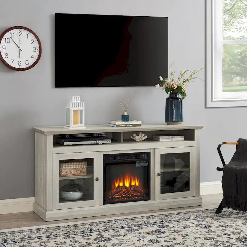 60 Fireplace TV Stand with Glass Doors and Open/Closed Storage for TVs Up to 65