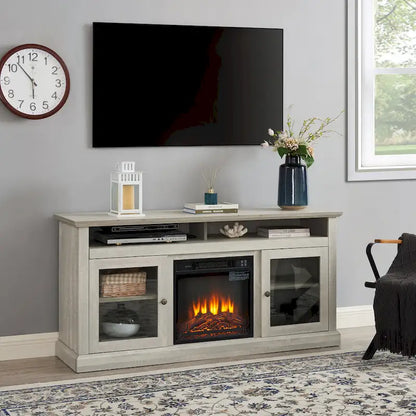 60 Fireplace TV Stand with Glass Doors and Open/Closed Storage for TVs Up to 65