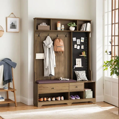 Hallway Hall Tree with Removable Cushioned Bench, Coat Rack, Storage Shelves
