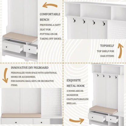 Hallway Hall Tree with Removable Cushioned Bench, Coat Rack, Storage Shelves