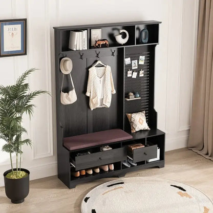Hallway Hall Tree with Removable Cushioned Bench, Coat Rack, Storage Shelves
