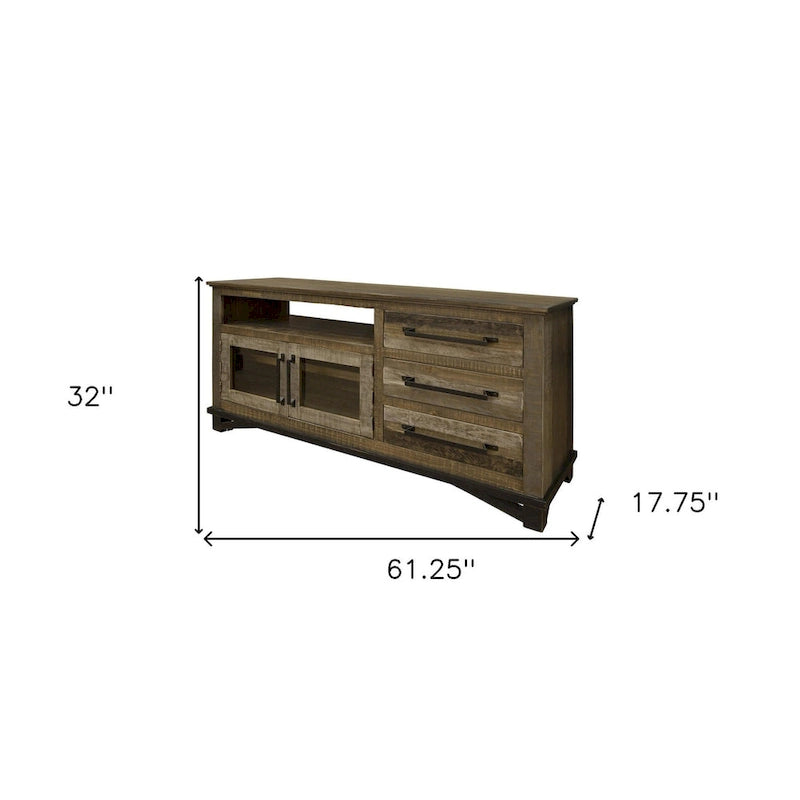 HomeRoots 61 Brown Solid Wood Cabinet Enclosed Storage Distressed TV Stand - 61.25' X '32' X '17.75