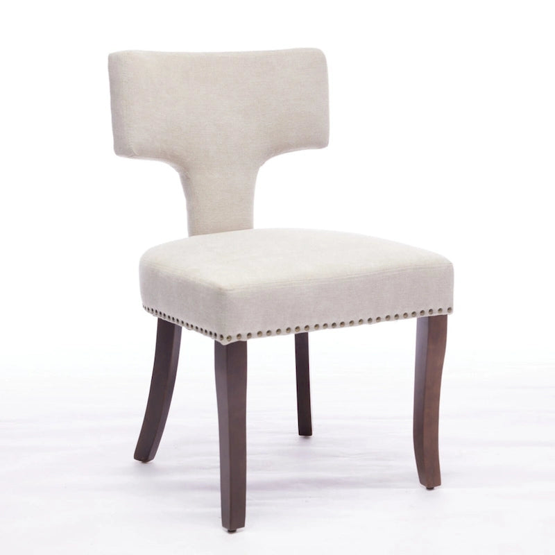Modern Dining Chairs Set of 2, Linen Fabric Upholstered Accent Chair Curved Backrest Kitchen Chairs with Rubberwood Frame