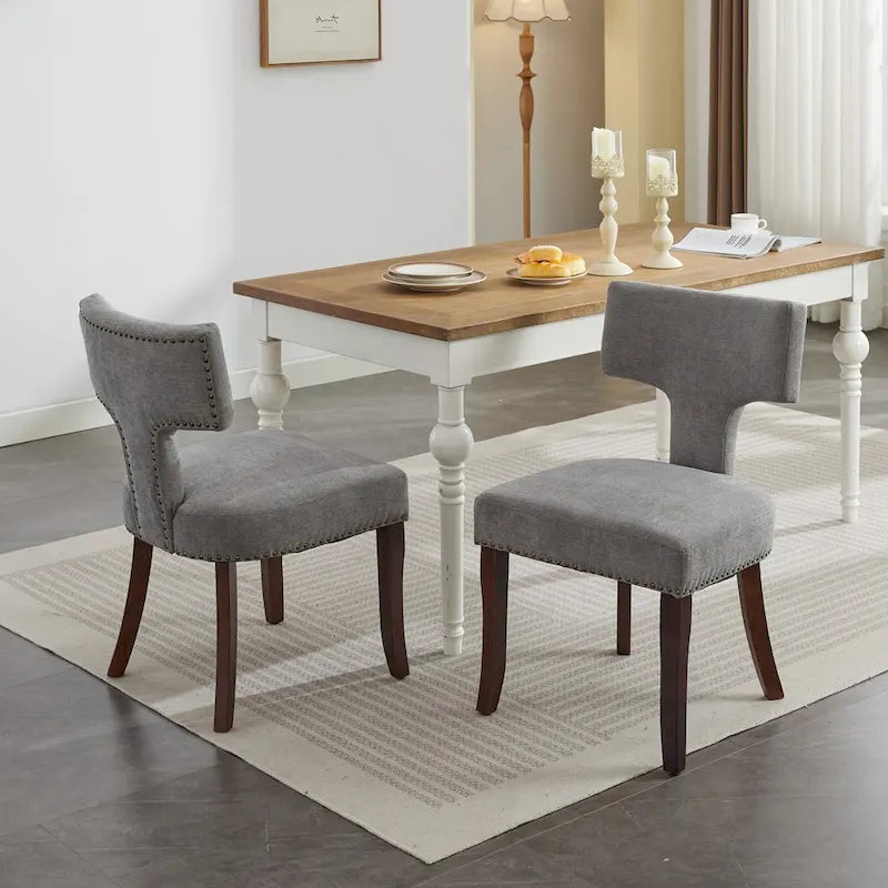 Modern Dining Chairs Set of 2, Linen Fabric Upholstered Accent Chair Curved Backrest Kitchen Chairs with Rubberwood Frame