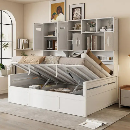 Full Size Wooden Daybed with Hydraulic Lift, All-in-One Cabinet & Shelf, White