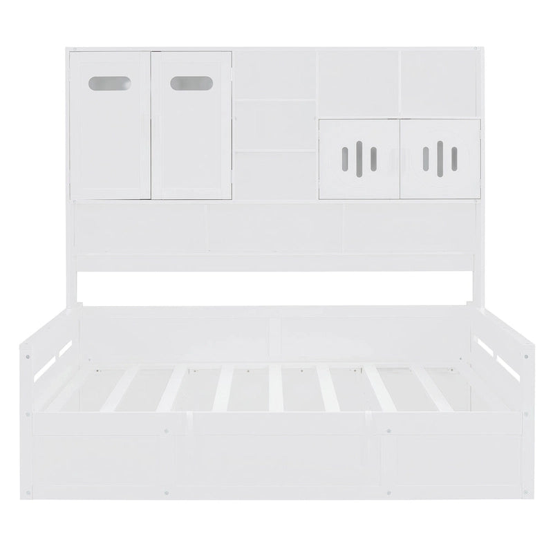 Full Size Wooden Daybed with Hydraulic Lift, All-in-One Cabinet & Shelf, White