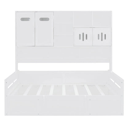 Full Size Wooden Daybed with Hydraulic Lift, All-in-One Cabinet & Shelf, White