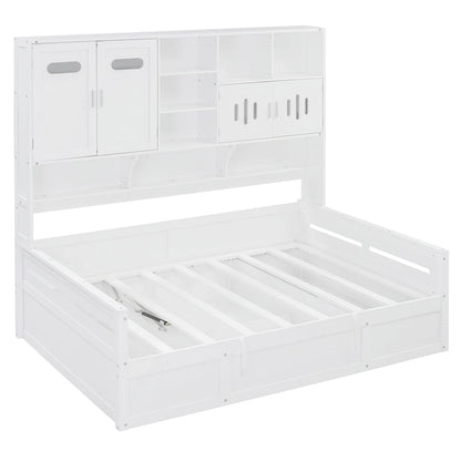 Full Size Wooden Daybed with Hydraulic Lift, All-in-One Cabinet & Shelf, White