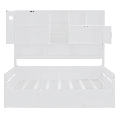 Full Size Wooden Daybed with Hydraulic Lift, All-in-One Cabinet & Shelf, White