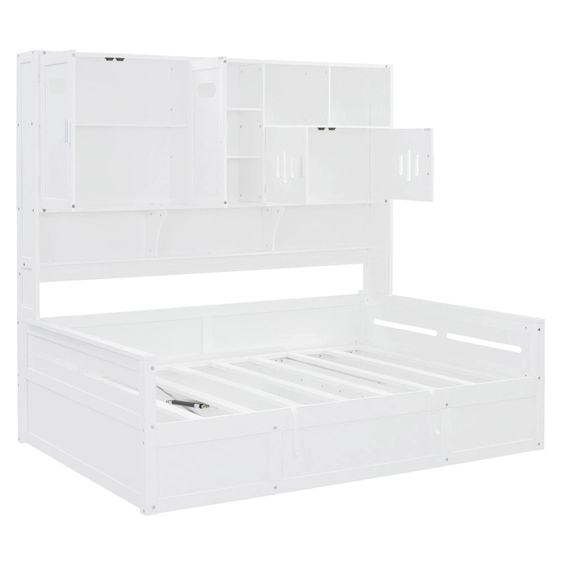 Full Size Wooden Daybed with Hydraulic Lift, All-in-One Cabinet & Shelf, White