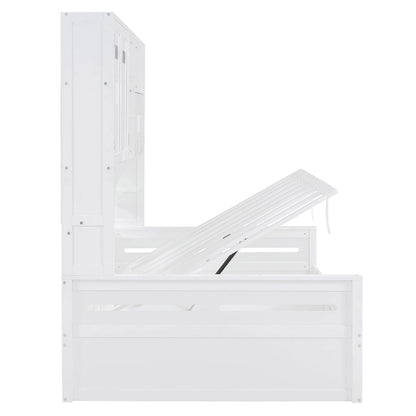 Full Size Wooden Daybed with Hydraulic Lift, All-in-One Cabinet & Shelf, White