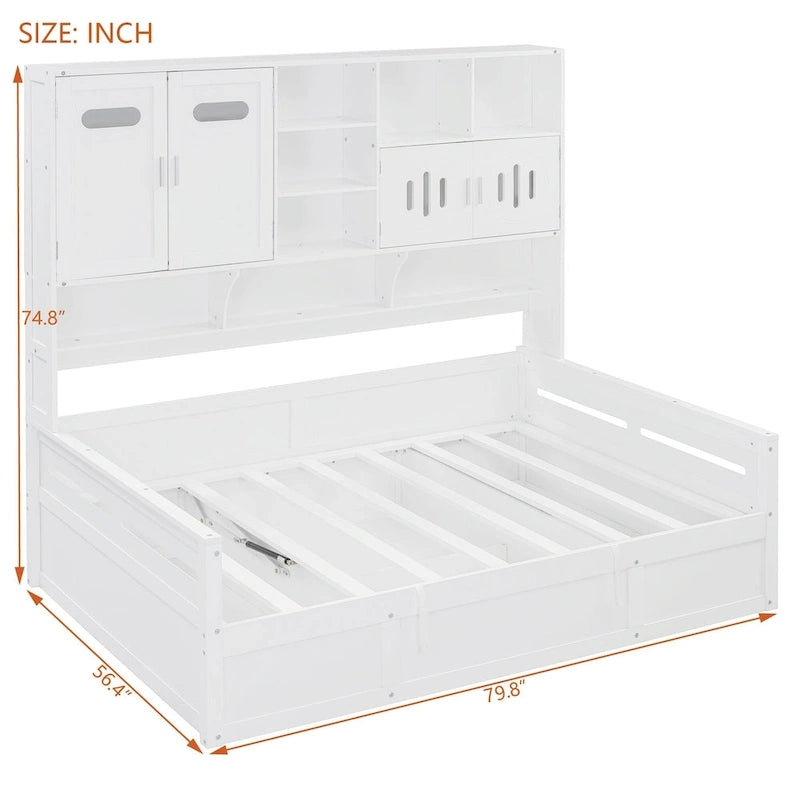 Full Size Wooden Daybed with Hydraulic Lift, All-in-One Cabinet & Shelf, White