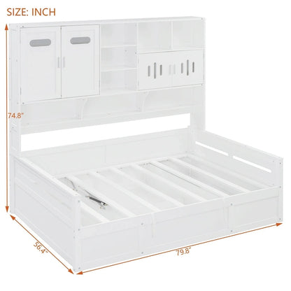 Full Size Wooden Daybed with Hydraulic Lift, All-in-One Cabinet & Shelf, White