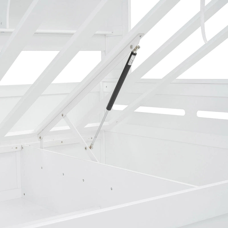 Full Size Wooden Daybed with Hydraulic Lift, All-in-One Cabinet & Shelf, White