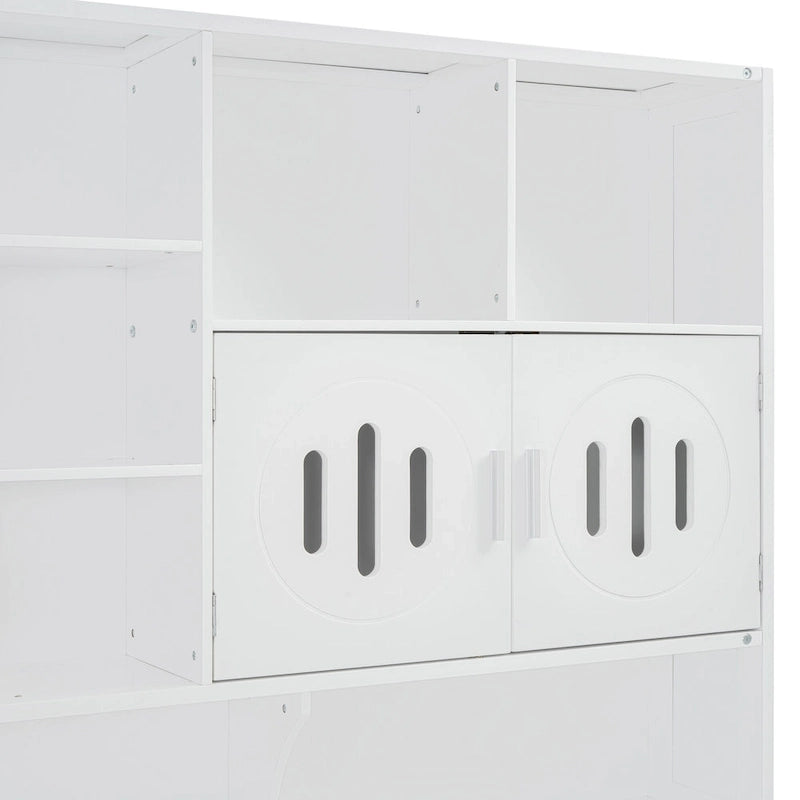 Full Size Wooden Daybed with Hydraulic Lift, All-in-One Cabinet & Shelf, White