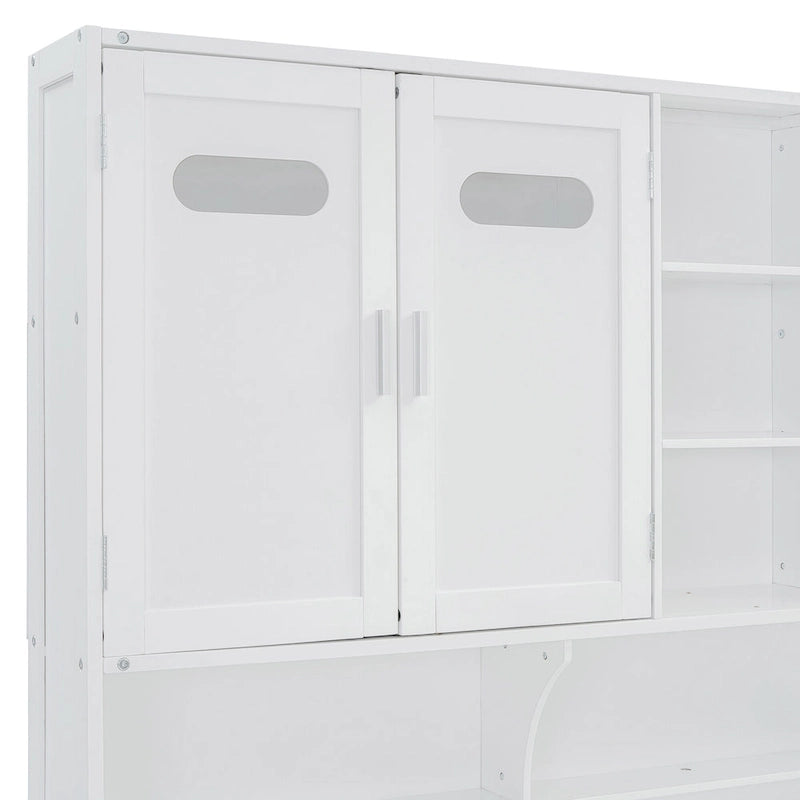 Full Size Wooden Daybed with Hydraulic Lift, All-in-One Cabinet & Shelf, White