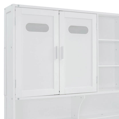 Full Size Wooden Daybed with Hydraulic Lift, All-in-One Cabinet & Shelf, White