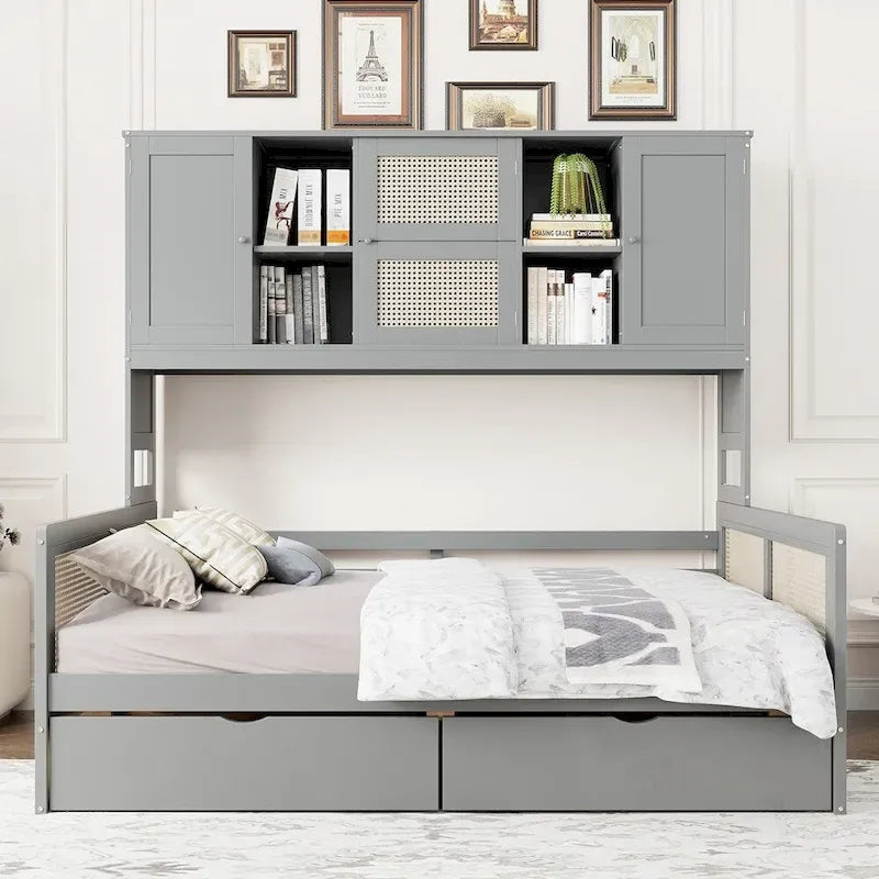 Wooden Daybed With 2 Drawers and All-in-One Cabinet and Shelf